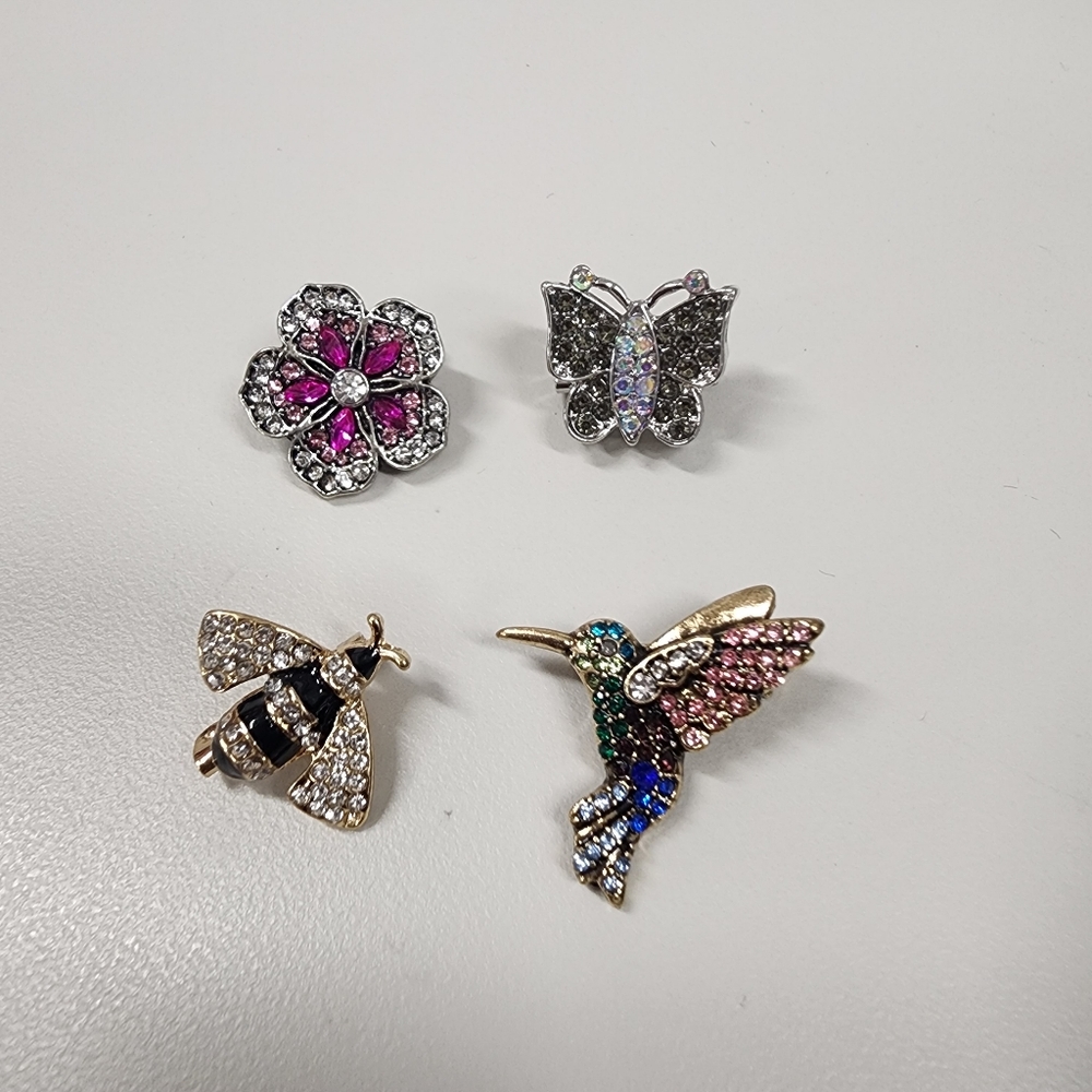 4 Multicolor Rhinestone Brooch Set Bee Butterfly Flower Humming Bird